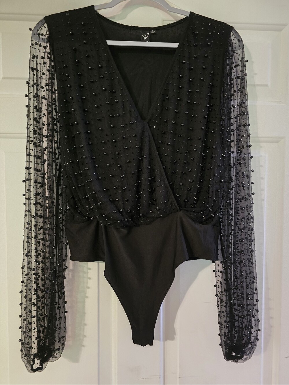 Windsor Black Beaded Mesh Sleeve Wrap-Front Bodysuit